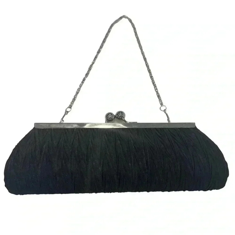 Black evening kiss lock clutch with rhinestone details and removable chain